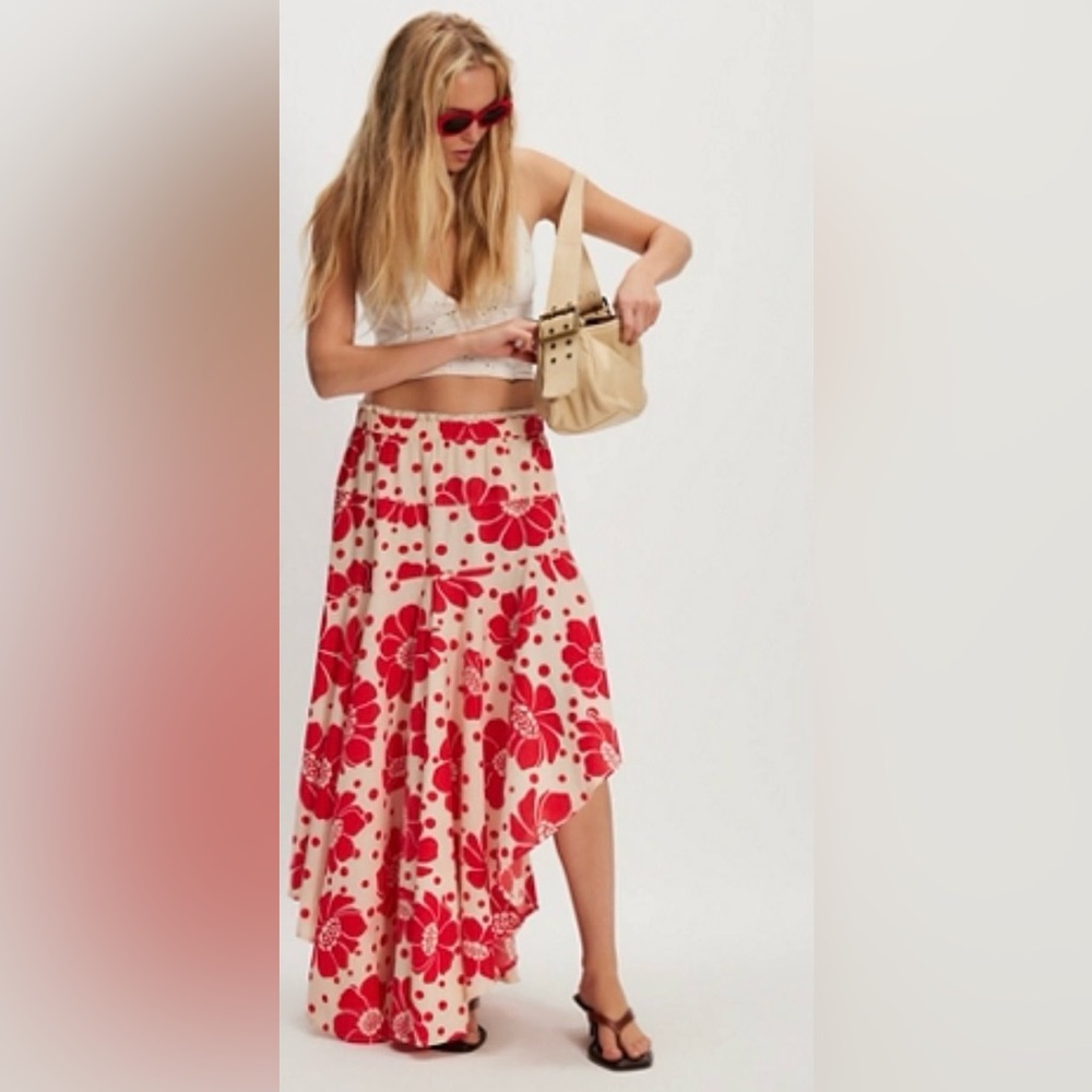 Free People Red Floral Maxi Skirt NWOT - Picture 3 of 7